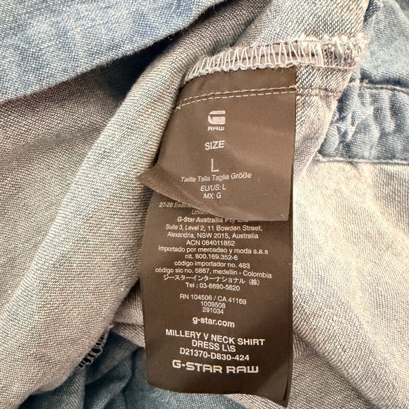 G-Star RAW Millery Denim Shirt Dress L NWT V-Neck Long Sleeve - Picture 11 of 13